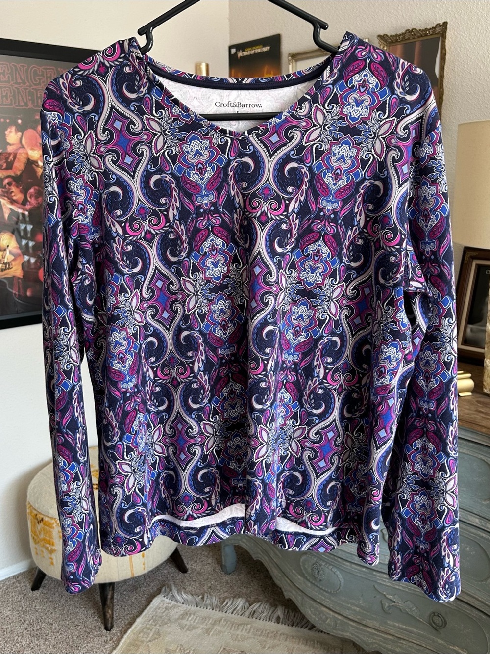 Vintage 90s Y2K Fairycore Long Sleeve Tee L Paisley Purple Pink Boho Whimsigoth